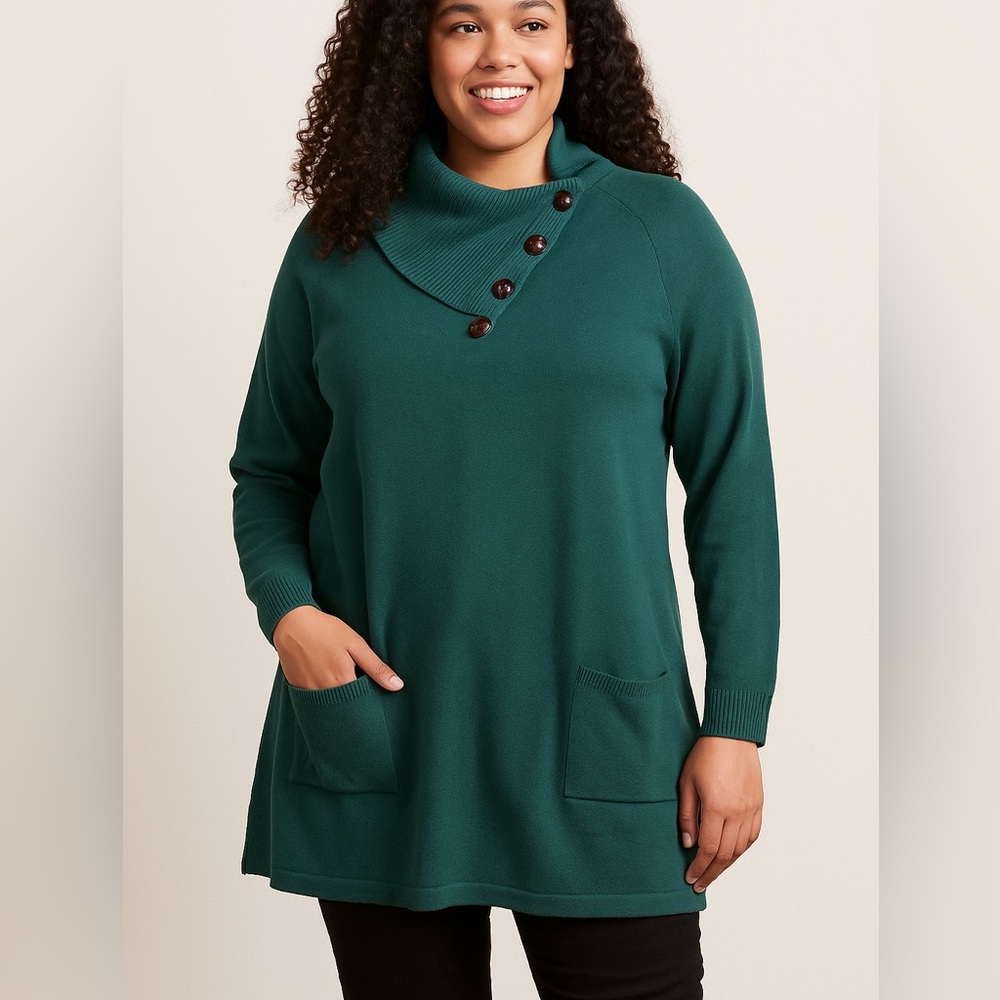 JEANNE PIERRE Teal Cowl Neck Sweater‎ with Button Accents